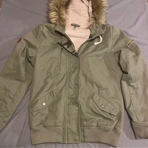 Roxy Olive and Cream Jacket with Fur Lining